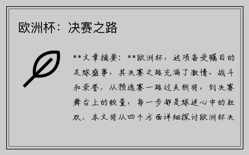 欧洲杯：决赛之路