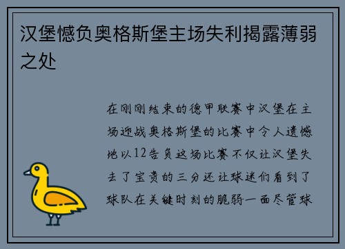 汉堡憾负奥格斯堡主场失利揭露薄弱之处